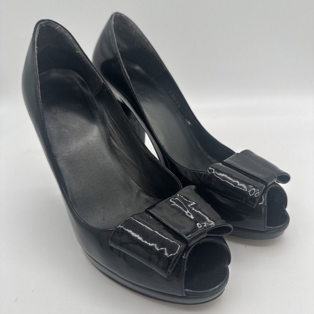 Stuart Weitzman Shoes Womens 6.5 Black Patent Leather Platform Chunky Heels Bow